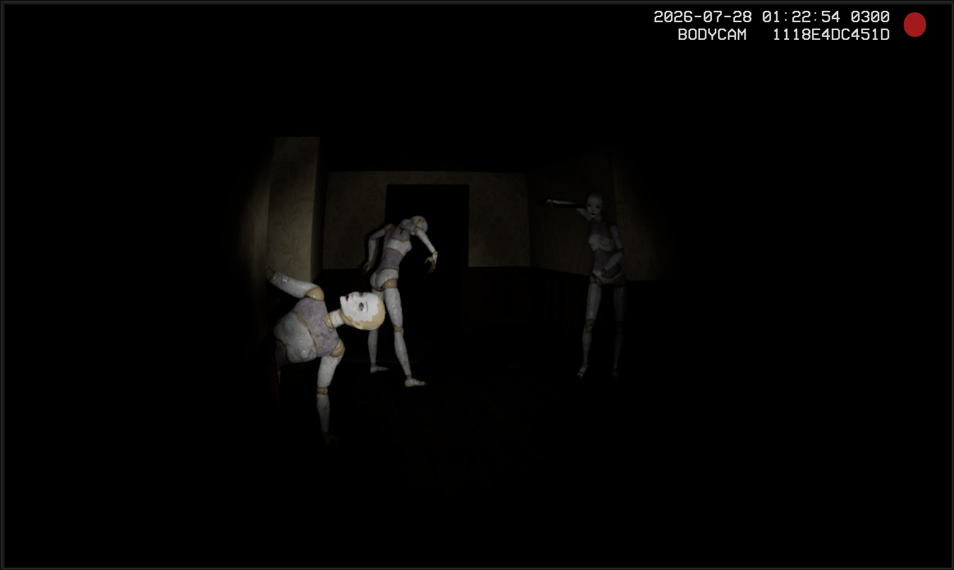 Bodycam view of posed mannequins in a dark room