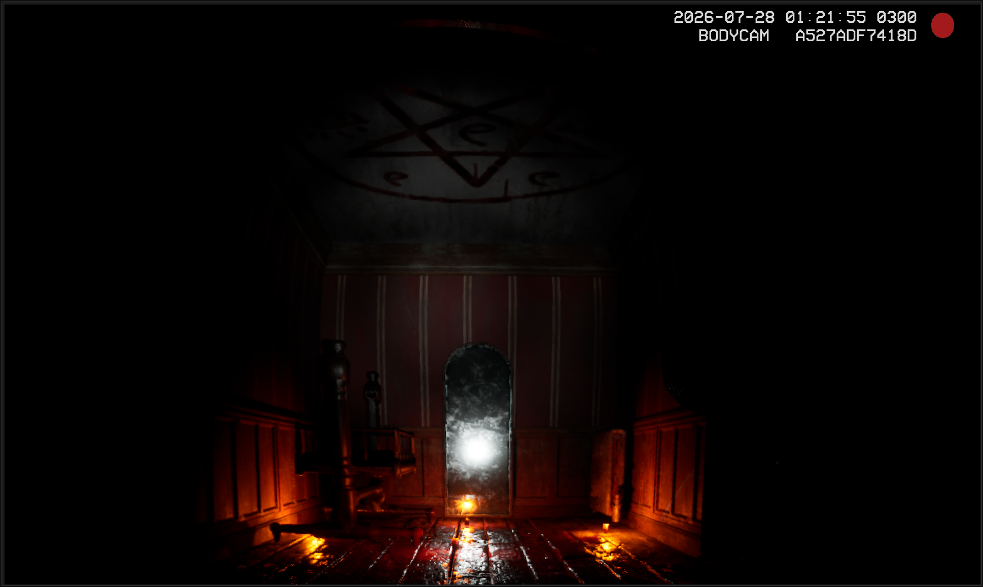 Bodycam view of a candlelit room with a glowing mirror and ritual markings on the ceiling