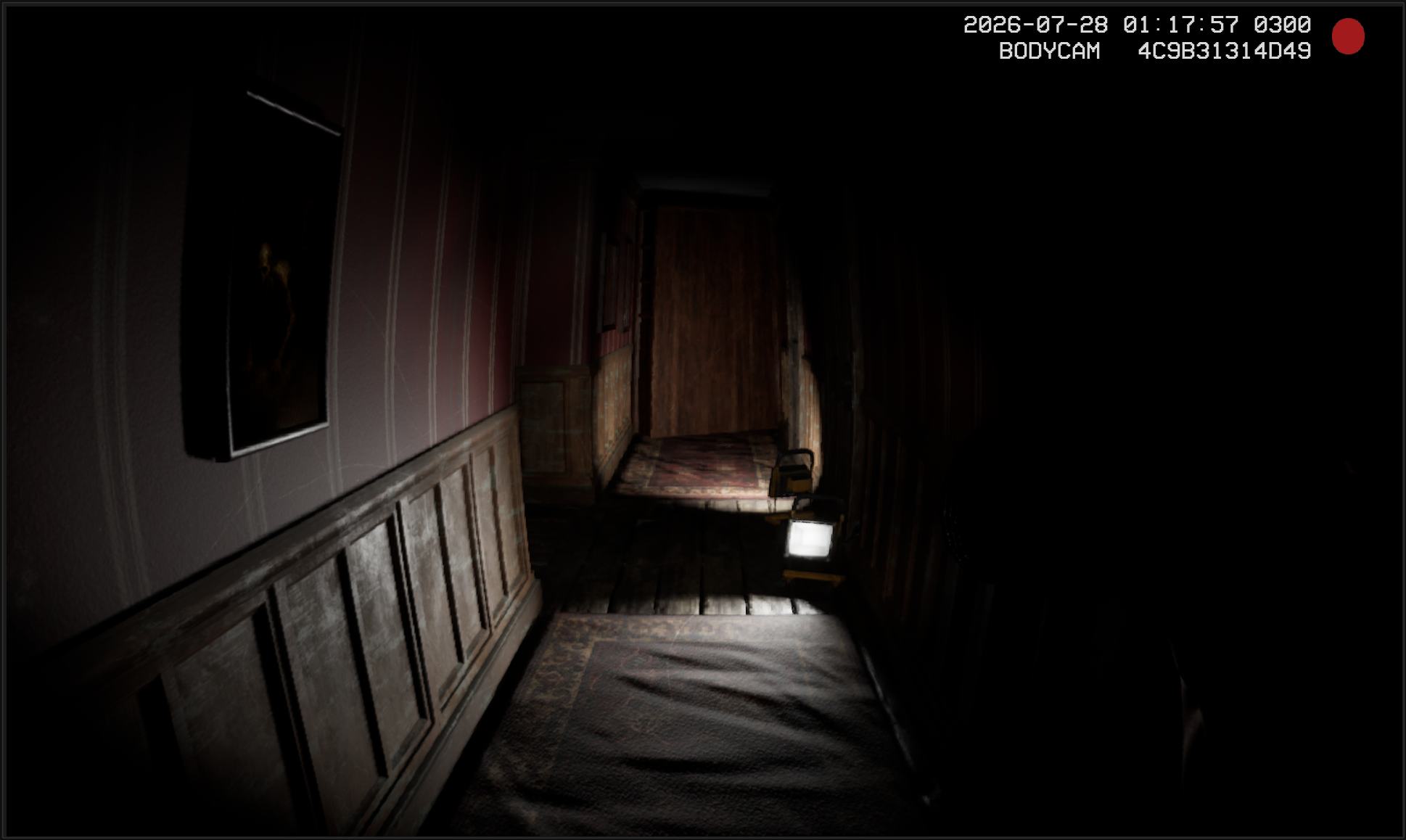 Bodycam view of a narrow hallway with red walls and a lantern