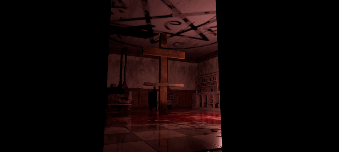A candlelit room with a wooden cross, blood on the floor, and ritual markings on the ceiling