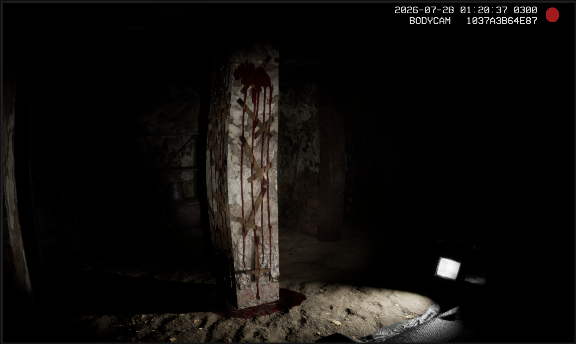 Bodycam view of a blood-stained pillar in a dark basement